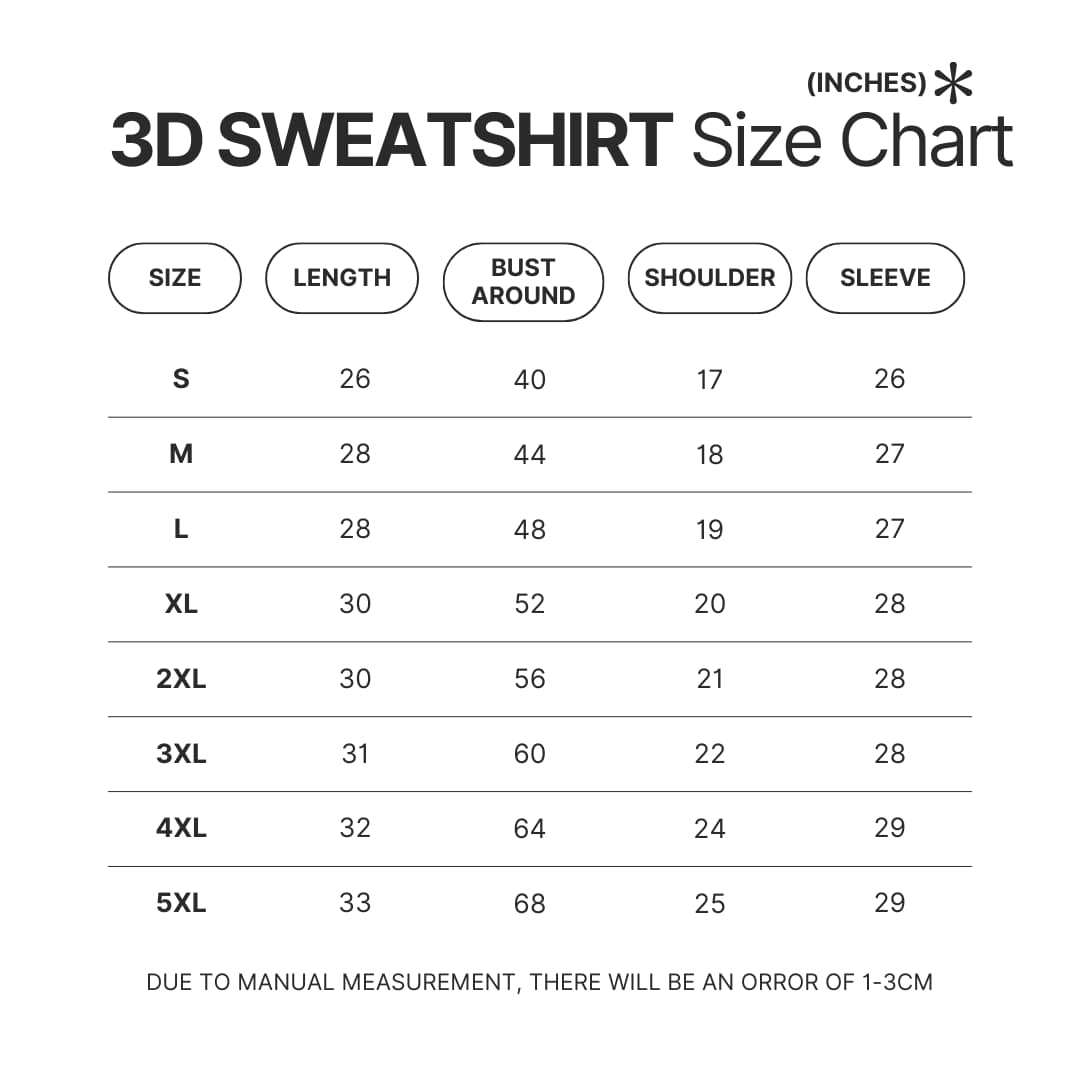 3D Sweatshirt Size Chart - Ghost Band Store