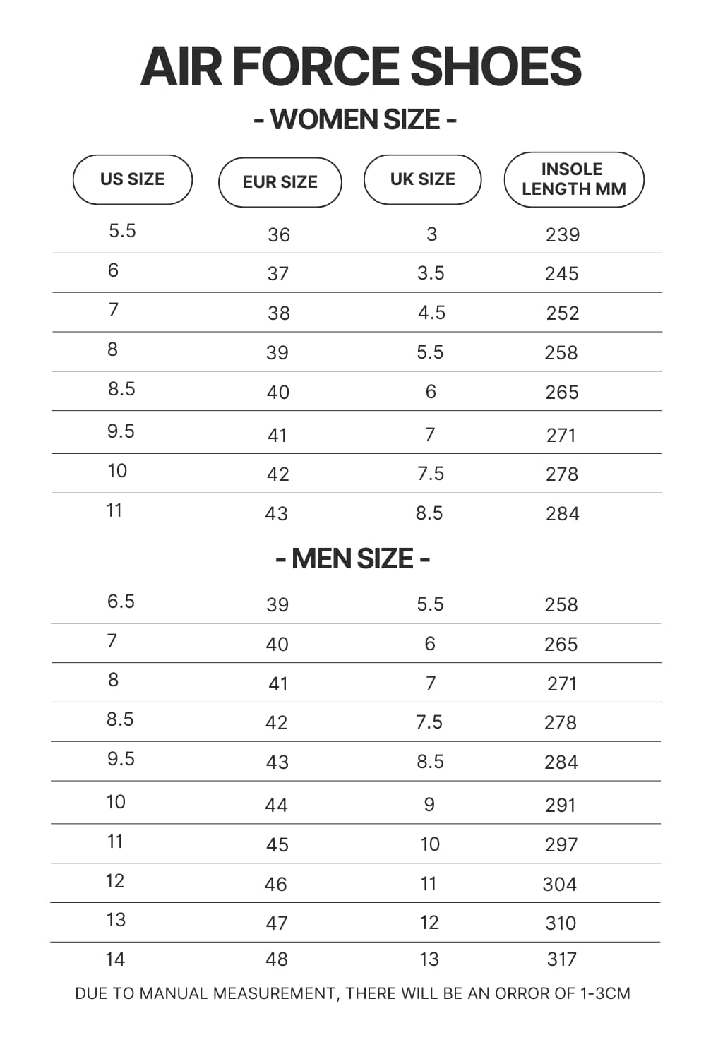 Air Force Shoes Size Chart - Ghost Band Store