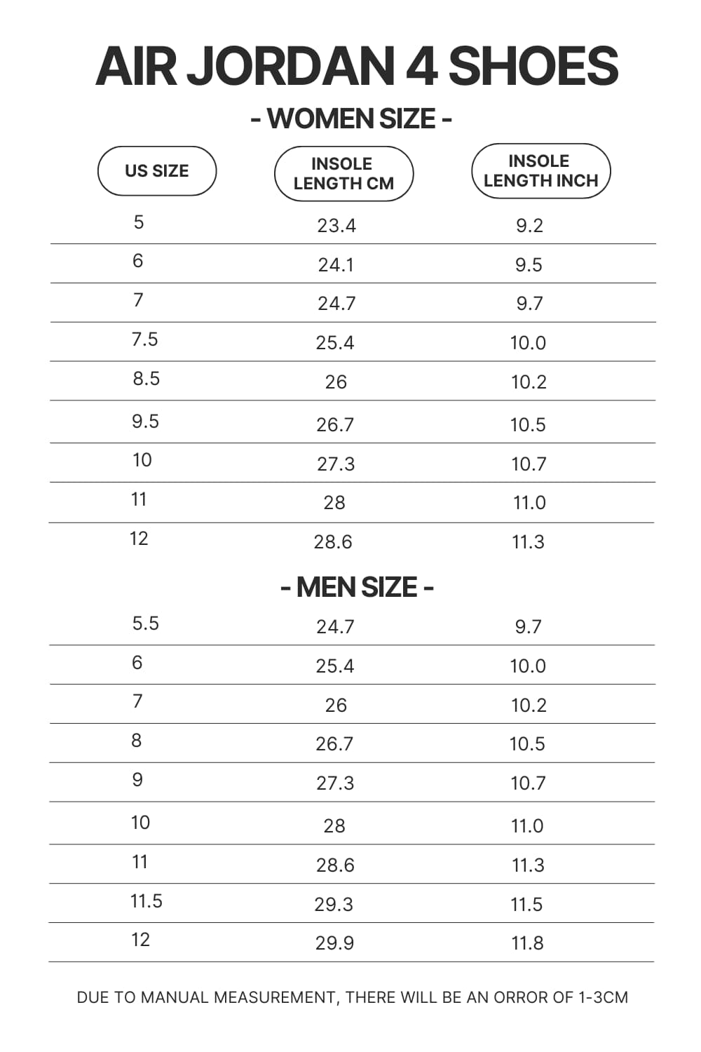 Air Jordan 4 Shoes Size Chart - Ghost Band Store