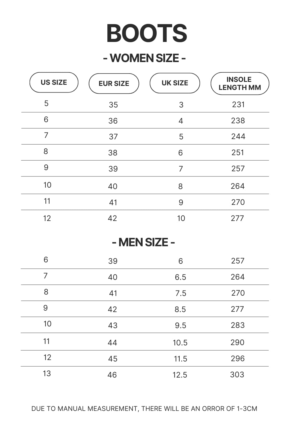 Boots Size Chart - Ghost Band Store