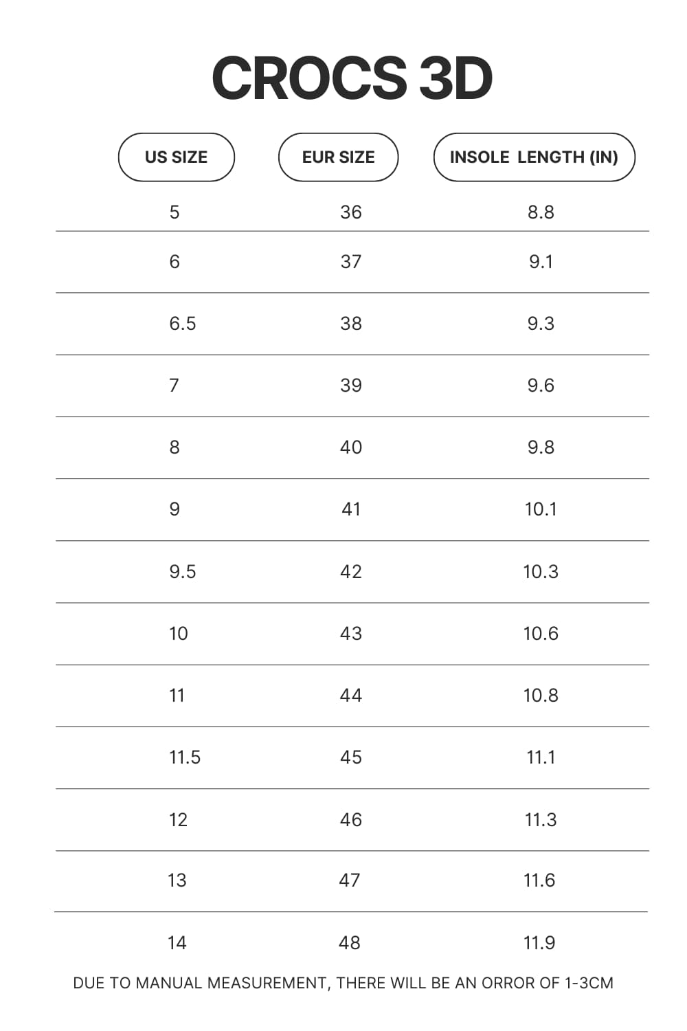 Crocs 3D Size Chart - Ghost Band Store