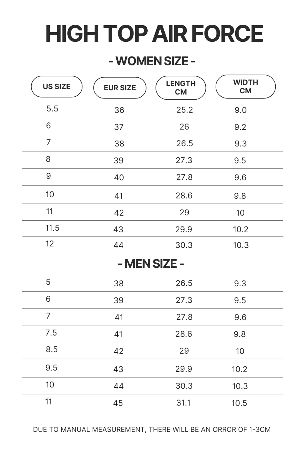 High Top Air Force Shoes Size Chart - Ghost Band Store