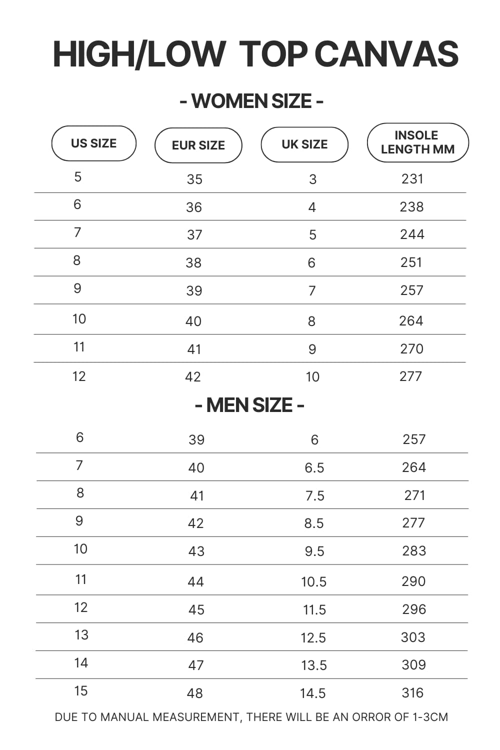 High Top Low Top Canvas Shoes Size Chart - Ghost Band Store