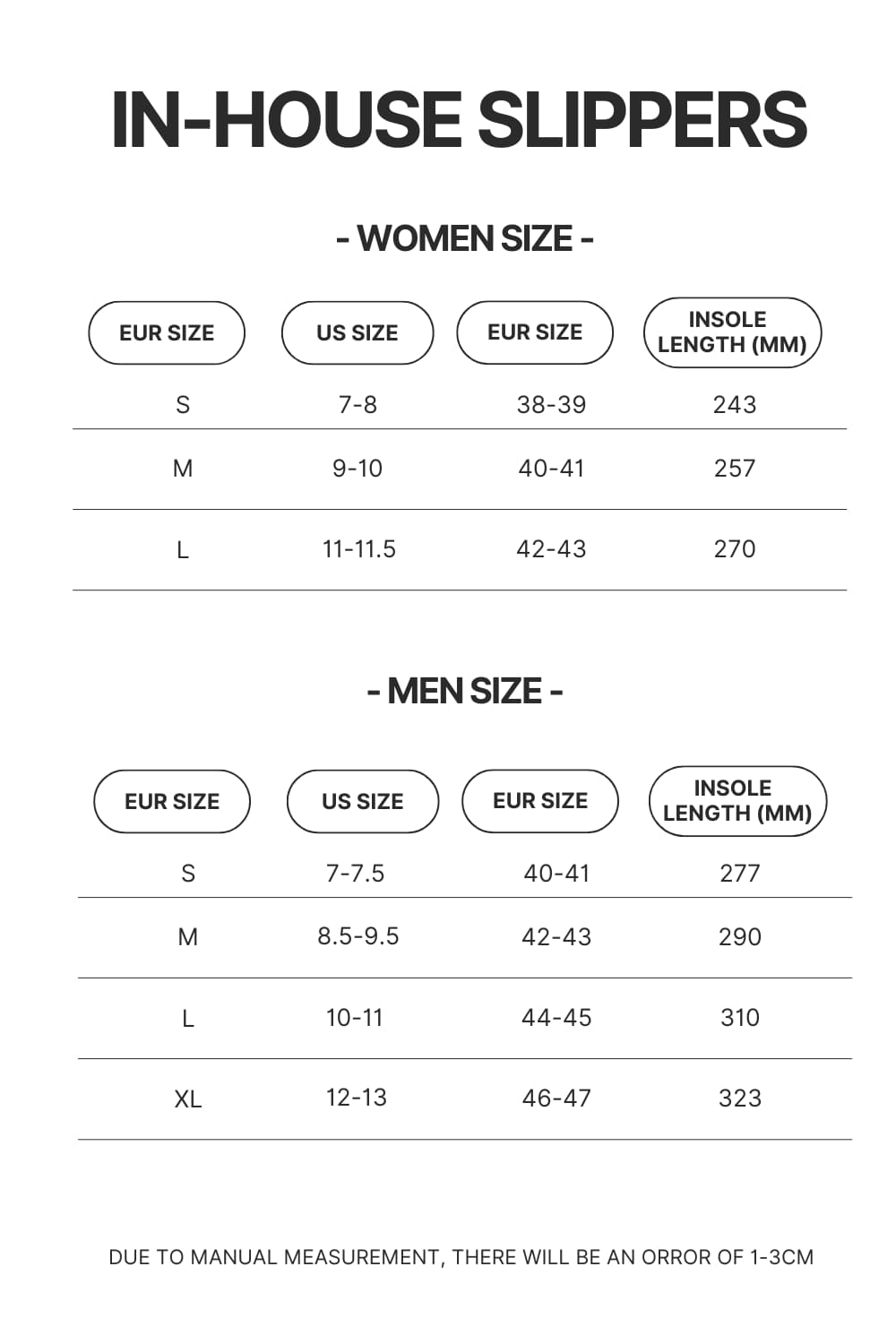 In House Slippers Size Chart - Ghost Band Store