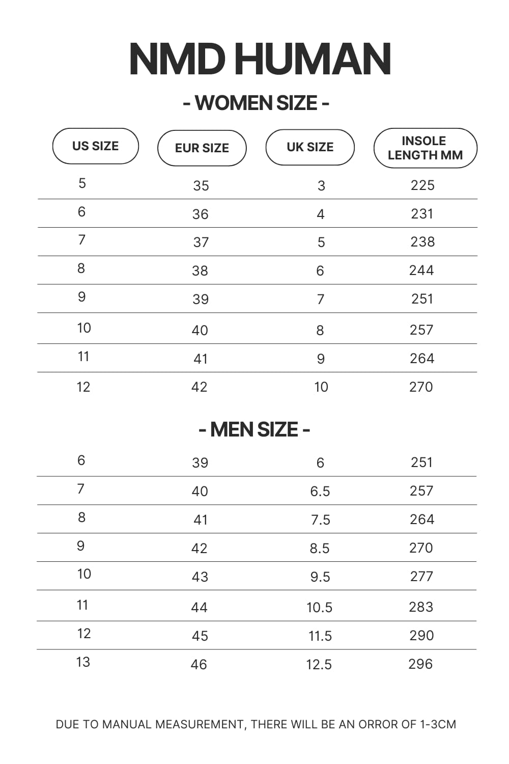 NMD Human Shoes Size Chart - Ghost Band Store