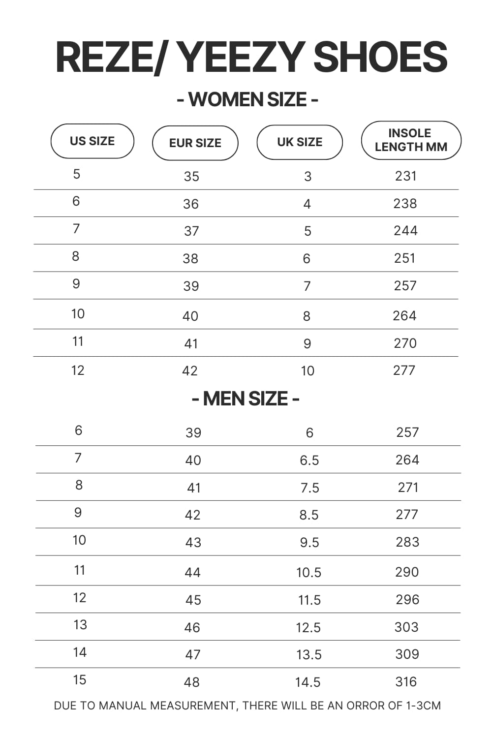 Reze Yeezy Shoes Size Chart - Ghost Band Store