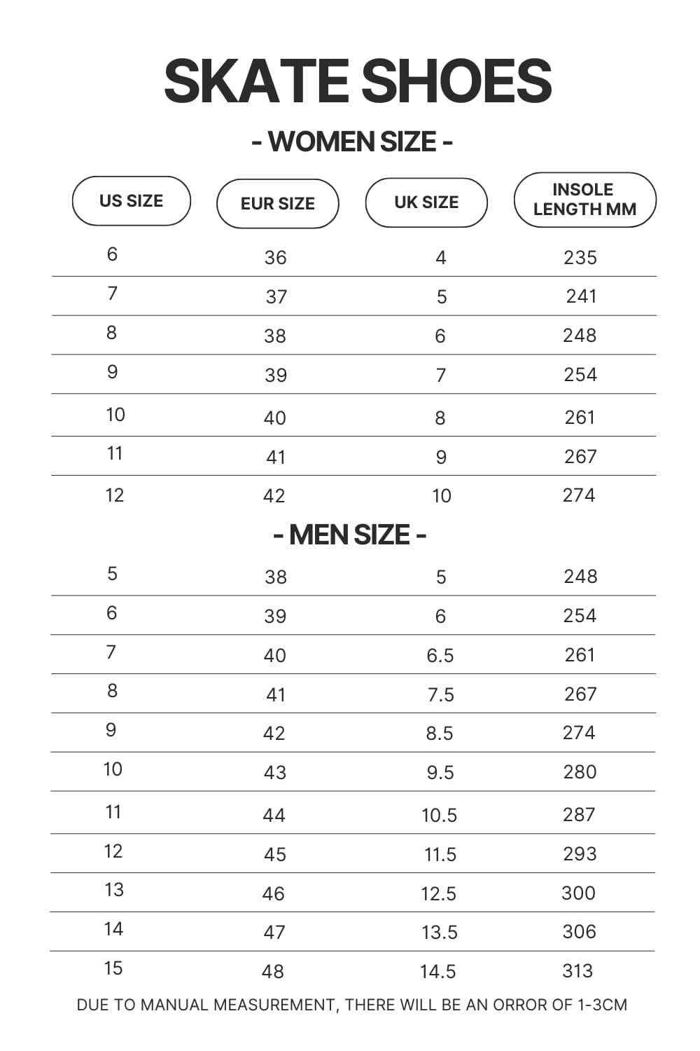 Skate Shoes Size Chart - Ghost Band Store