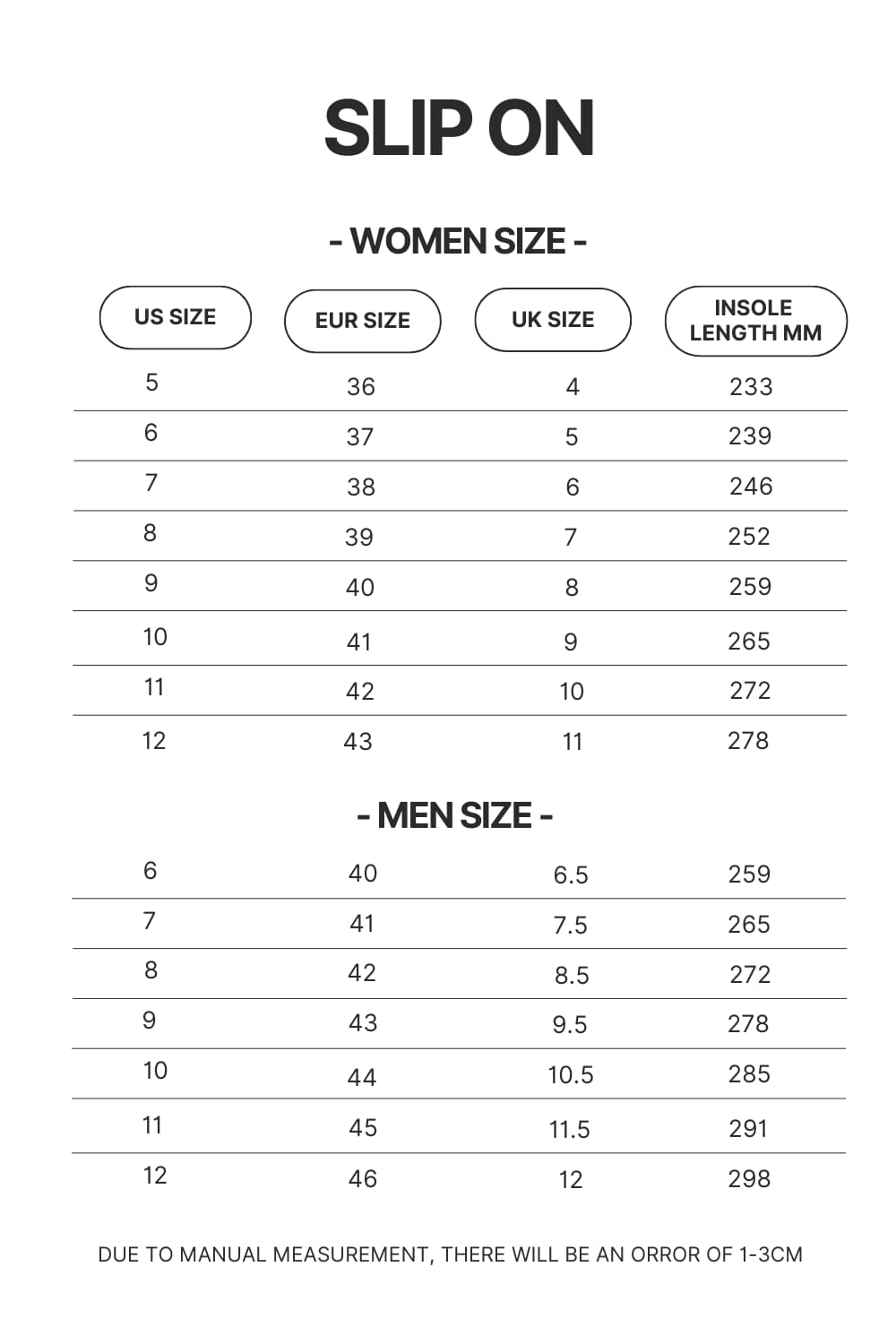 Slip On Size Chart - Ghost Band Store